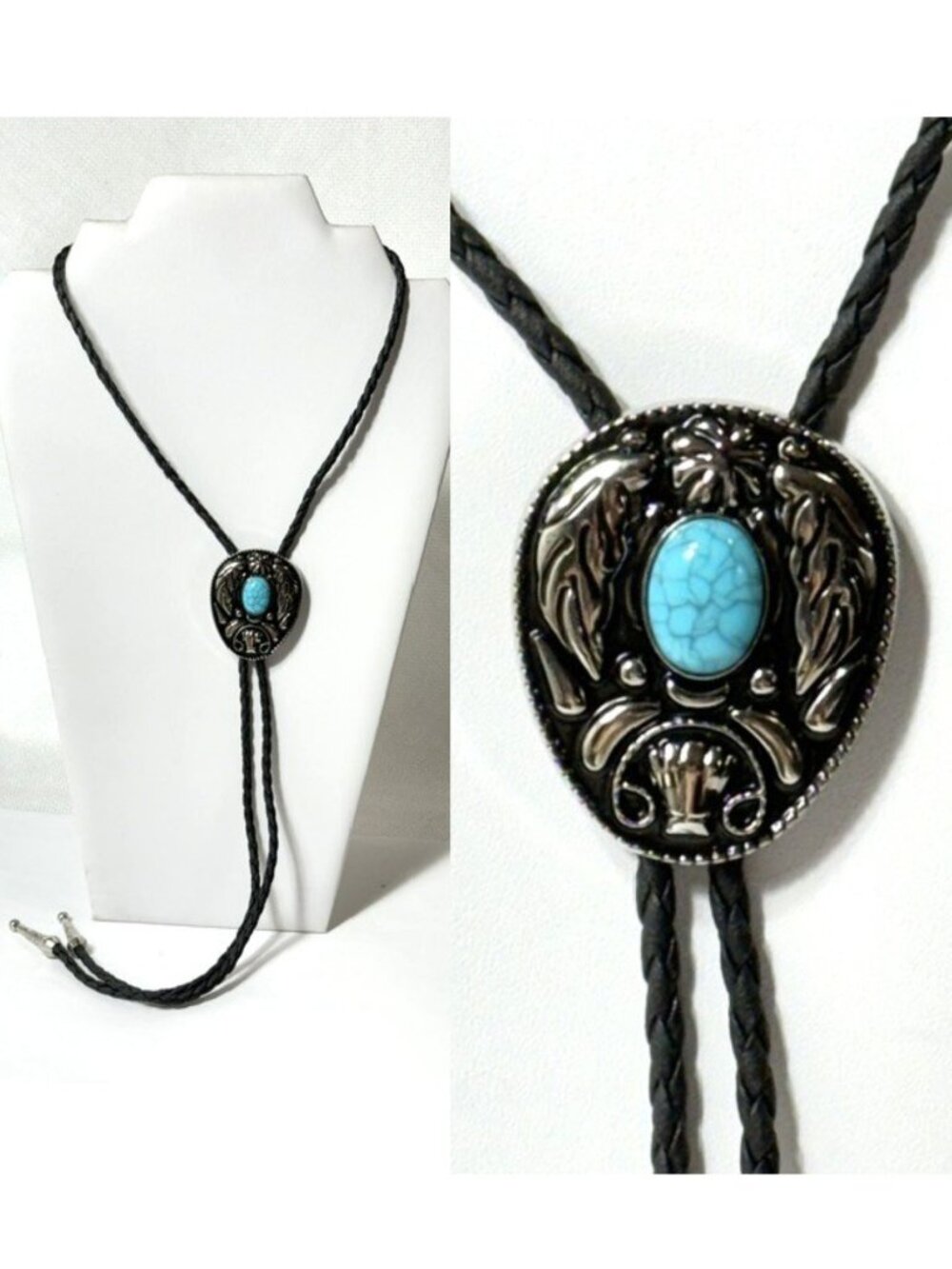 Silver-, turquoise-tone, black cord western cowboy bolo tie